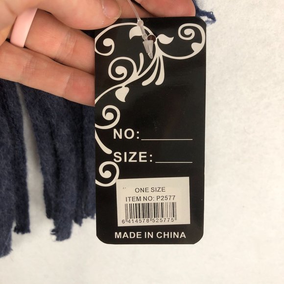 GM NWT Women's One Size Grey Blue Striped Hooded Fringe Trim Poncho Sweater - Picture 4 of 8